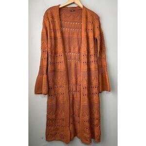 Chloah Sweater Womens Size Medium Earthy Mustard Pointelle Cardigan Duster Boho